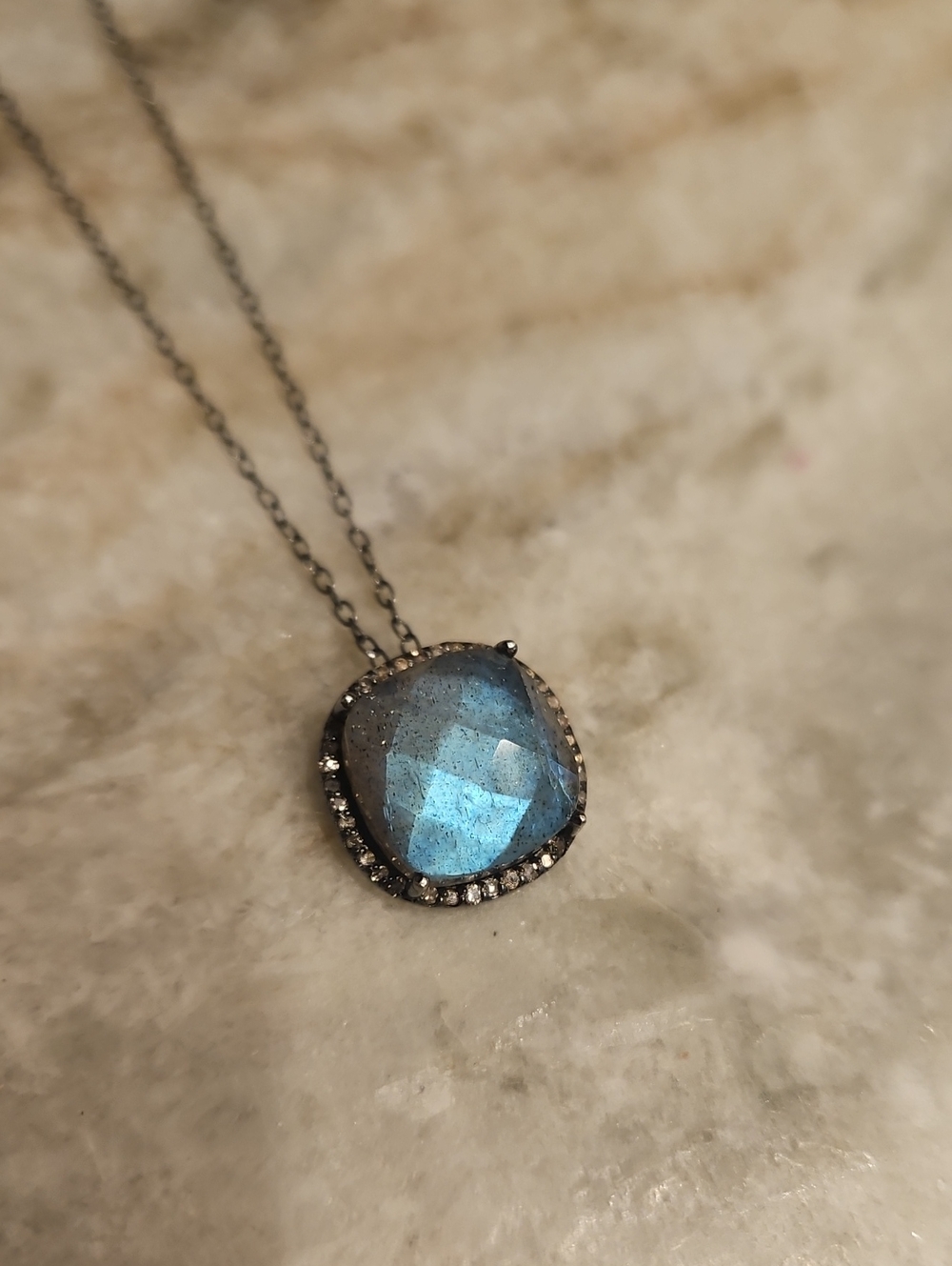 Sterling Silver - Oxidized And Labradorite Cushion Cut Stone.